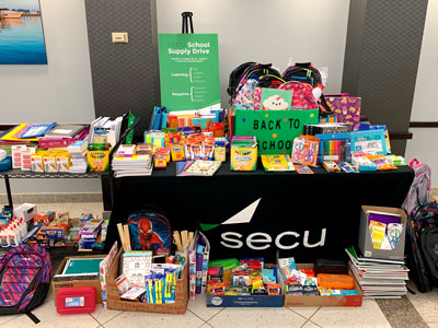 Piles of school supplies donated by SECU employees.