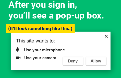 After you sign in, you'll get a pop-up box on your screen. This will let you allow or deny microphone and camera access.