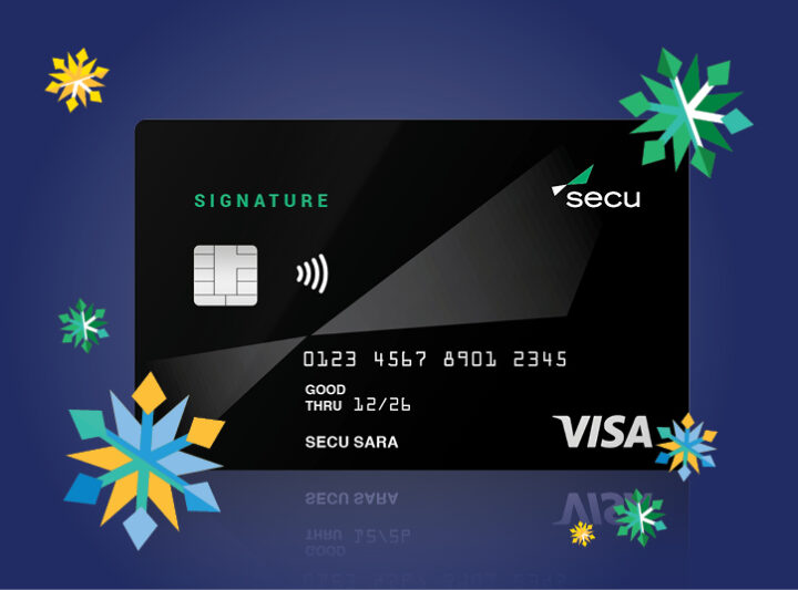 SECU Visa Signature card and decorative snowflakes