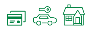 icons of credit cards, a car, and a house