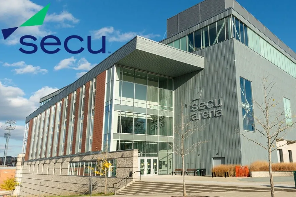 Exterior photo of SECU Arena, a multi-use sports and entertainment center at Towson University