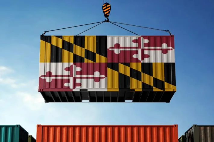 Industrial shipping container painted with the Maryland state flag