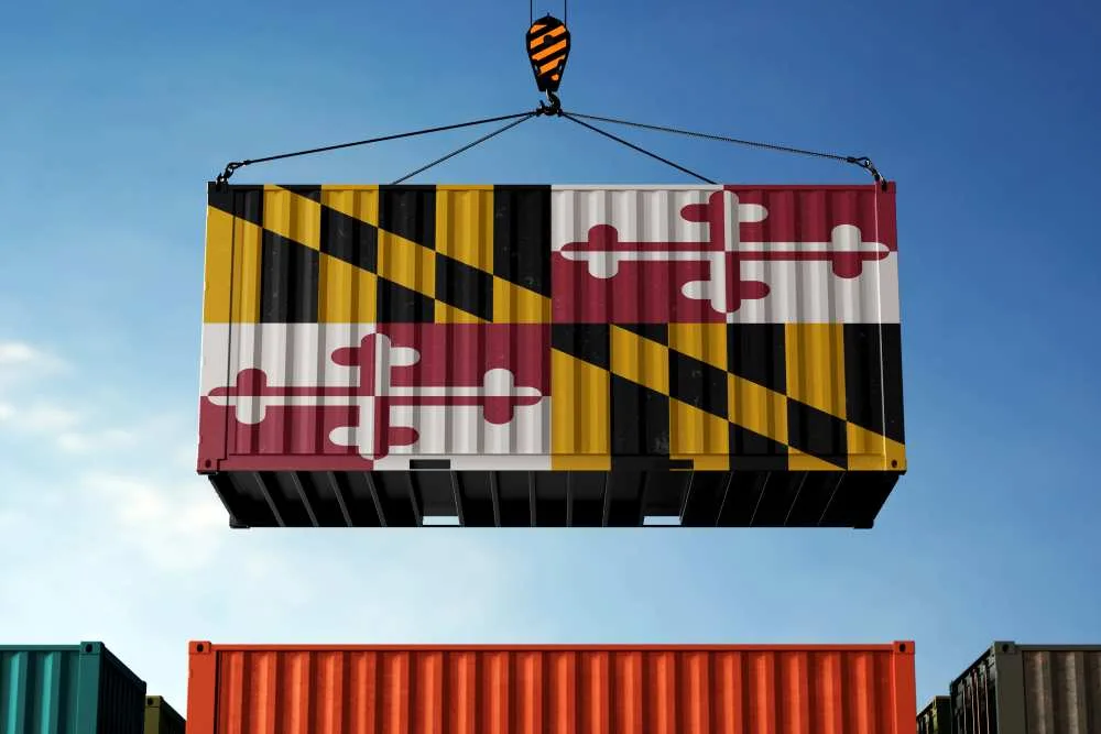 Industrial shipping container painted with the Maryland state flag