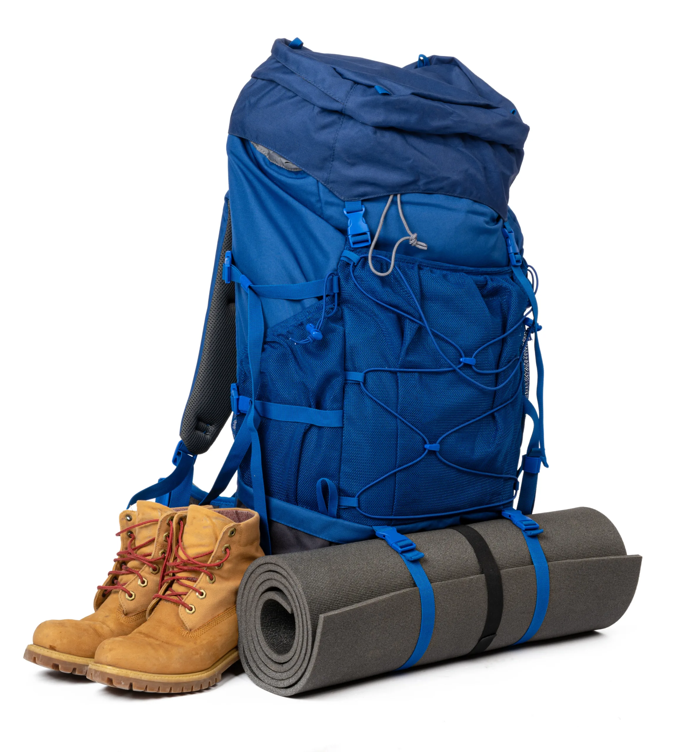 Blue hiking backpack with fitness mat