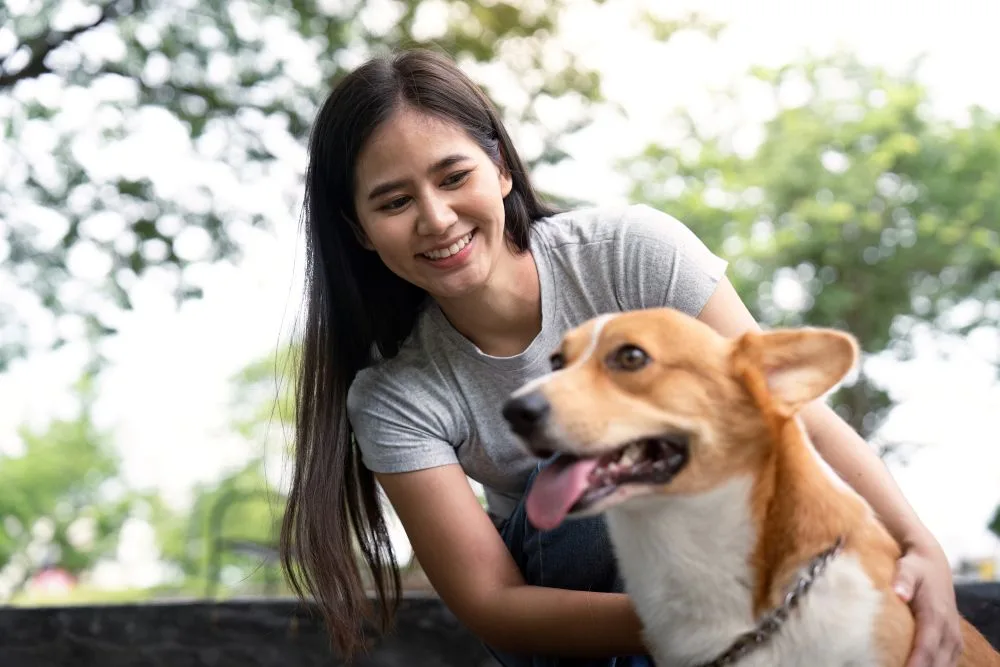 Woman and a corgi in a park